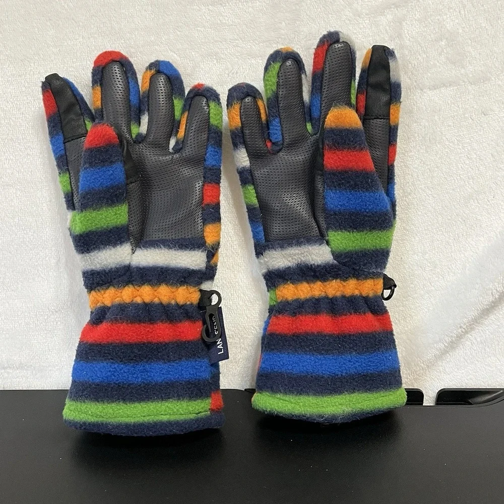 Lands' End Fleece Gloves Kids Size SMALL EZ-Grip Rainbow Stripes Gathered Wrist